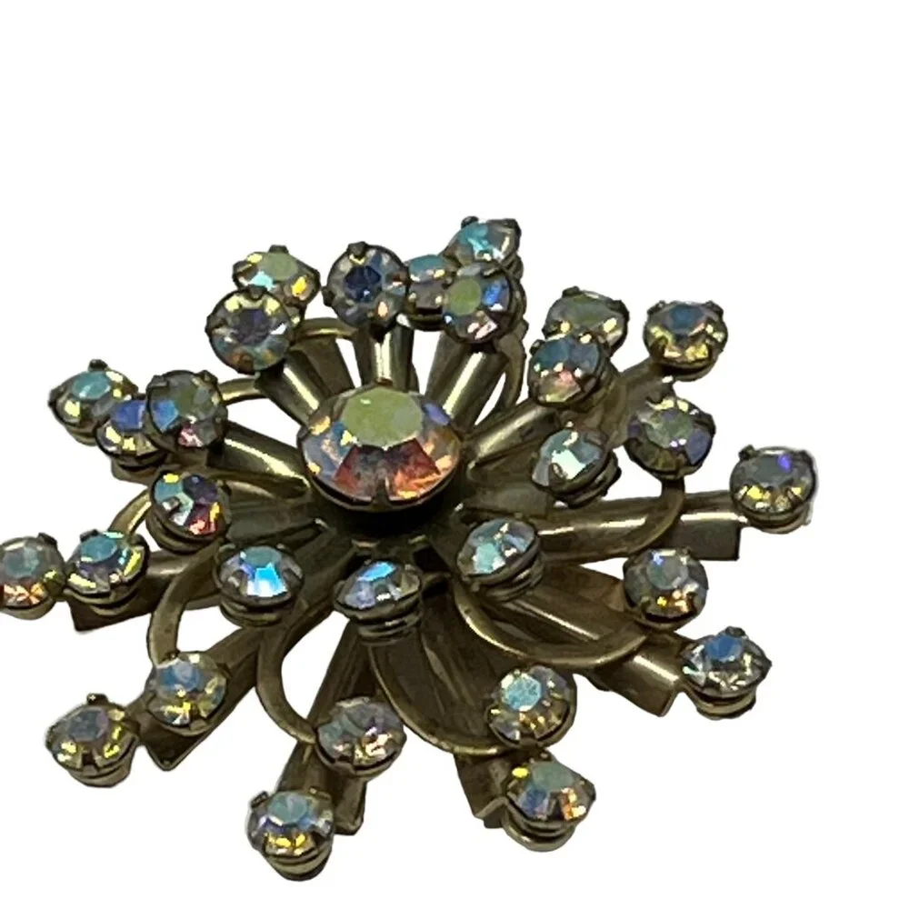 Snowflake Brooch AB Stones Gold‎ Tone Aurora Borealis Flower Vintage Pin